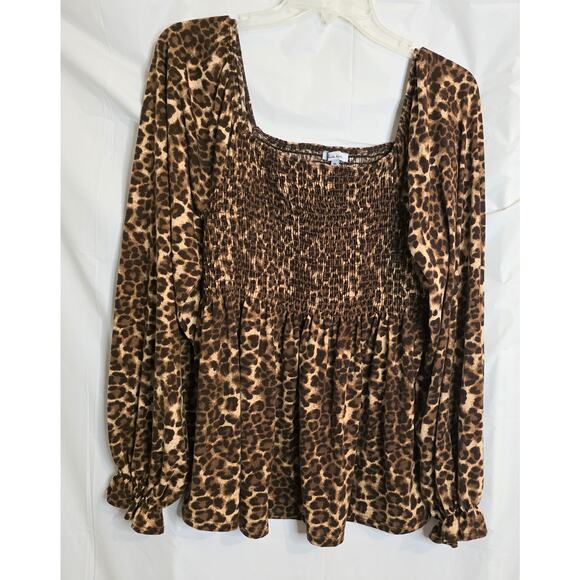 White Birch Top Women's Size XL Brown Cheetah Print Scrunchy Gathered Bodice LS - Picture 1 of 6